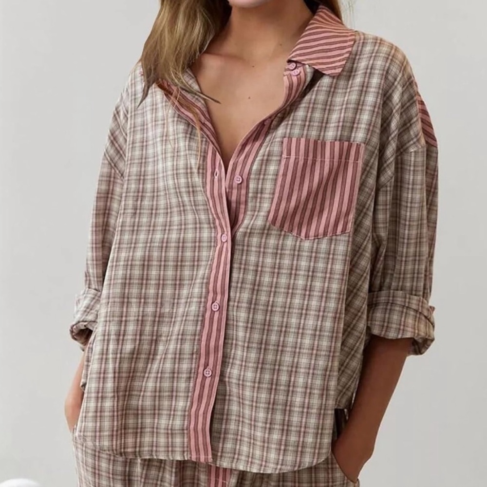 Urban Outfitters Out From Under Button Down Plaid Striped Top